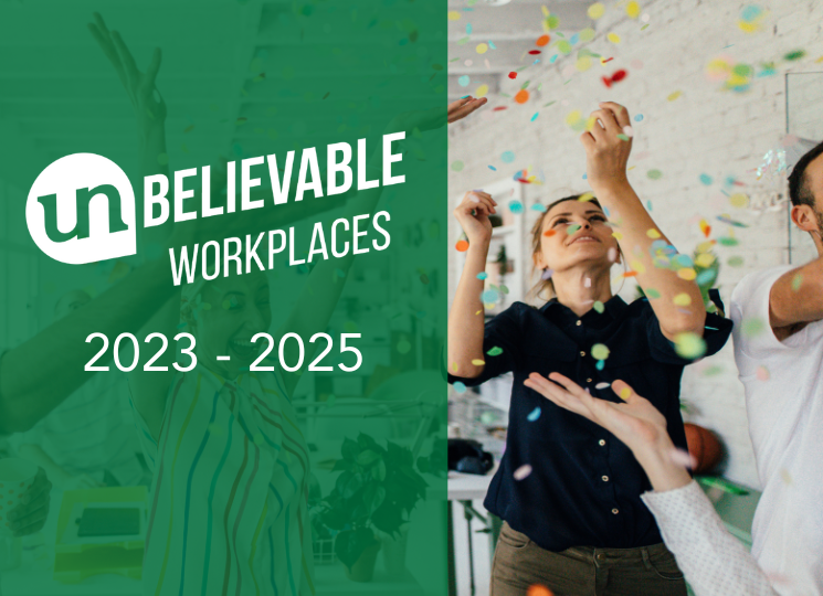 Employees at office celebrating with confetti. Words Unbelievable Workplace 2023 through 2025 overlays the image.  